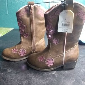 Toddler Boots Tan with Pink flowers